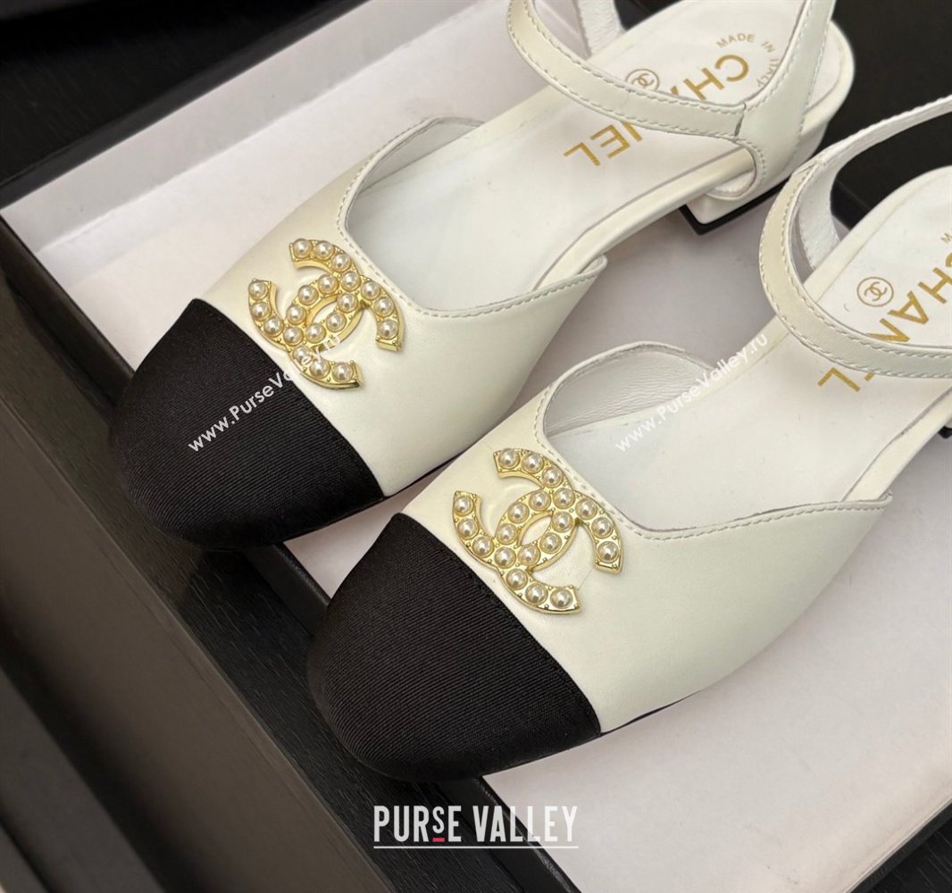 Chanel Calfskin Grosgrain Flat Sandals with Pearl CC White 2025 CH041720 (MD-250417112)