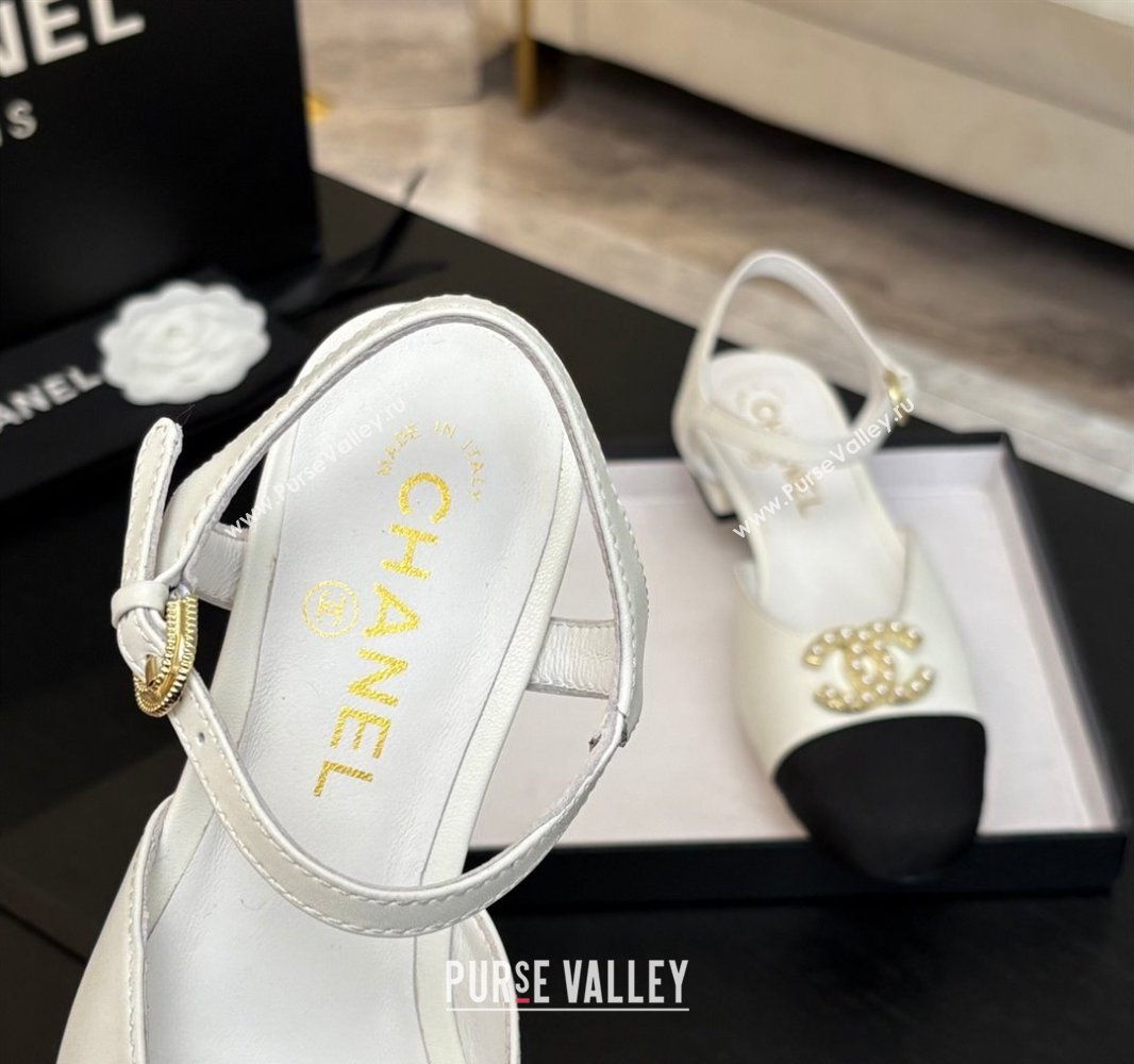 Chanel Calfskin Grosgrain Flat Sandals with Pearl CC White 2025 CH041720 (MD-250417112)