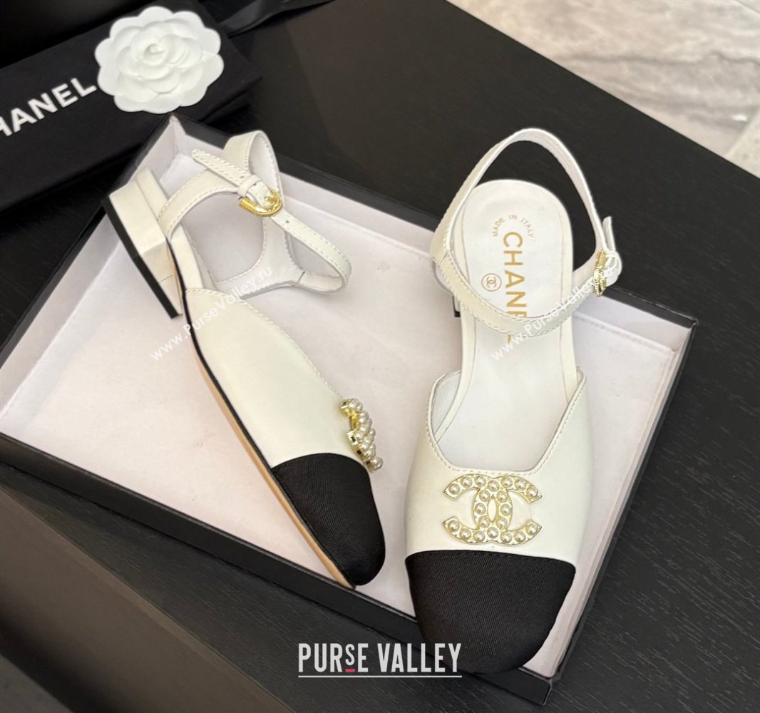 Chanel Calfskin Grosgrain Flat Sandals with Pearl CC White 2025 CH041720 (MD-250417112)