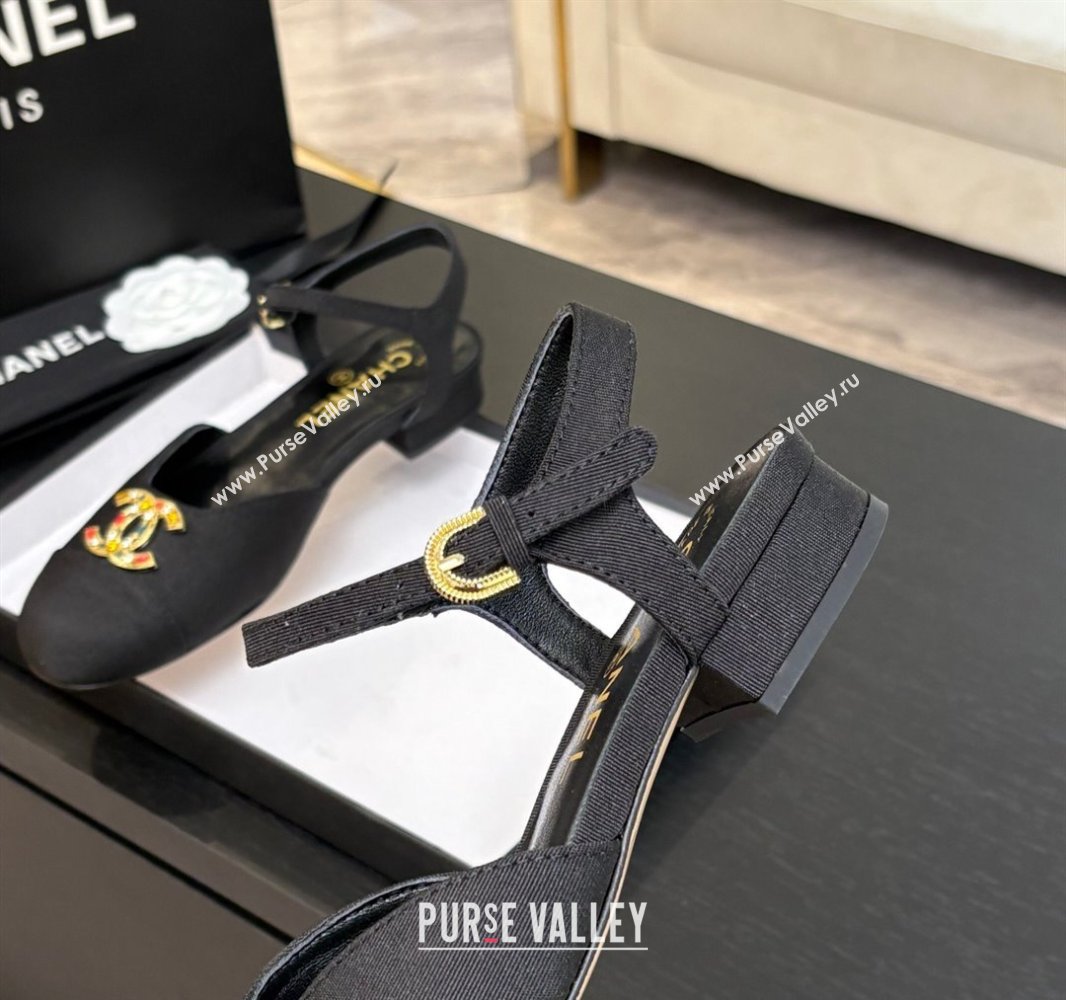 Chanel Grosgrain Flat Sandals with Stone CC Black 2025 CH041720 (MD-250417113)