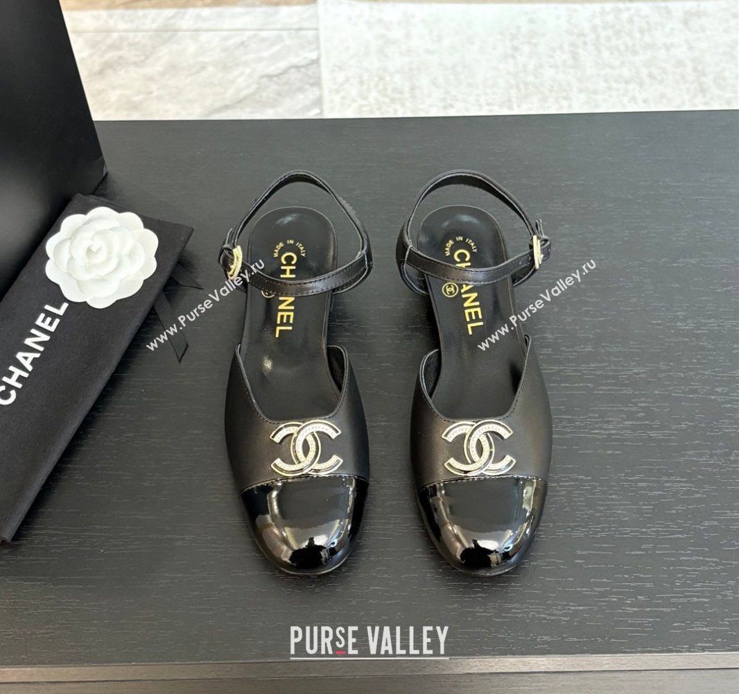 Chanel Calfskin Patent Flat Sandals with Strass CC Black 2025 CH041720 (MD-250417116)