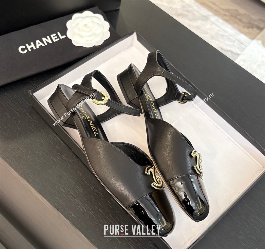 Chanel Calfskin Patent Flat Sandals with Strass CC Black 2025 CH041720 (MD-250417116)