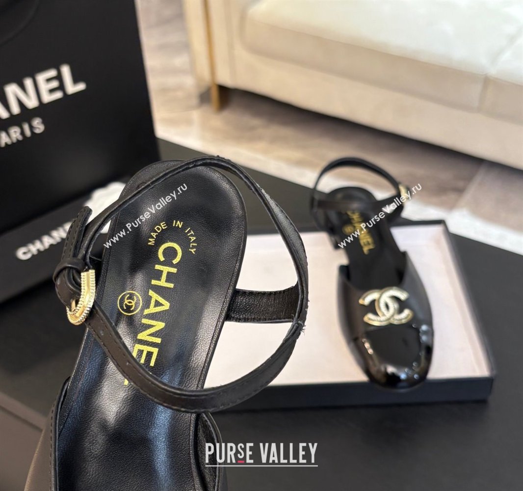Chanel Calfskin Patent Flat Sandals with Strass CC Black 2025 CH041720 (MD-250417116)
