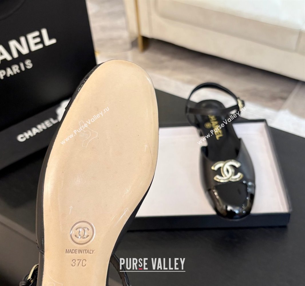 Chanel Calfskin Patent Flat Sandals with Strass CC Black 2025 CH041720 (MD-250417116)