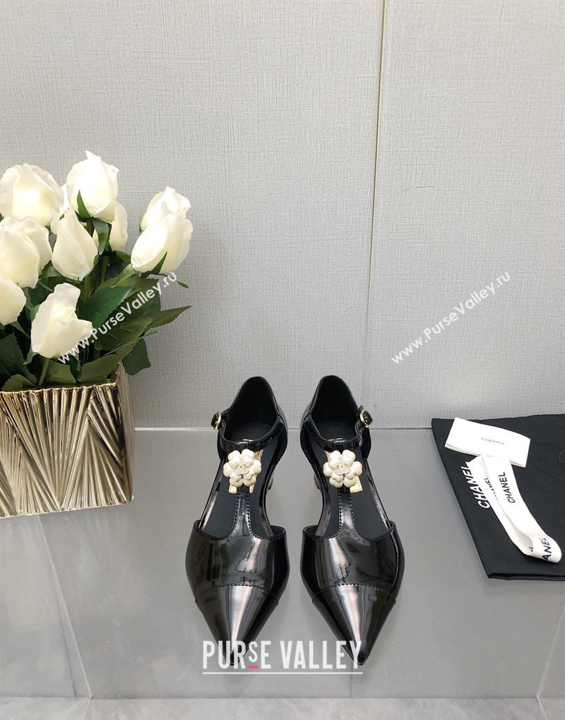 Chanel Shiny Calfskin Mary Janes Wedge Pumps with Bloom Black 2025 CH041722 (MD-250417122)