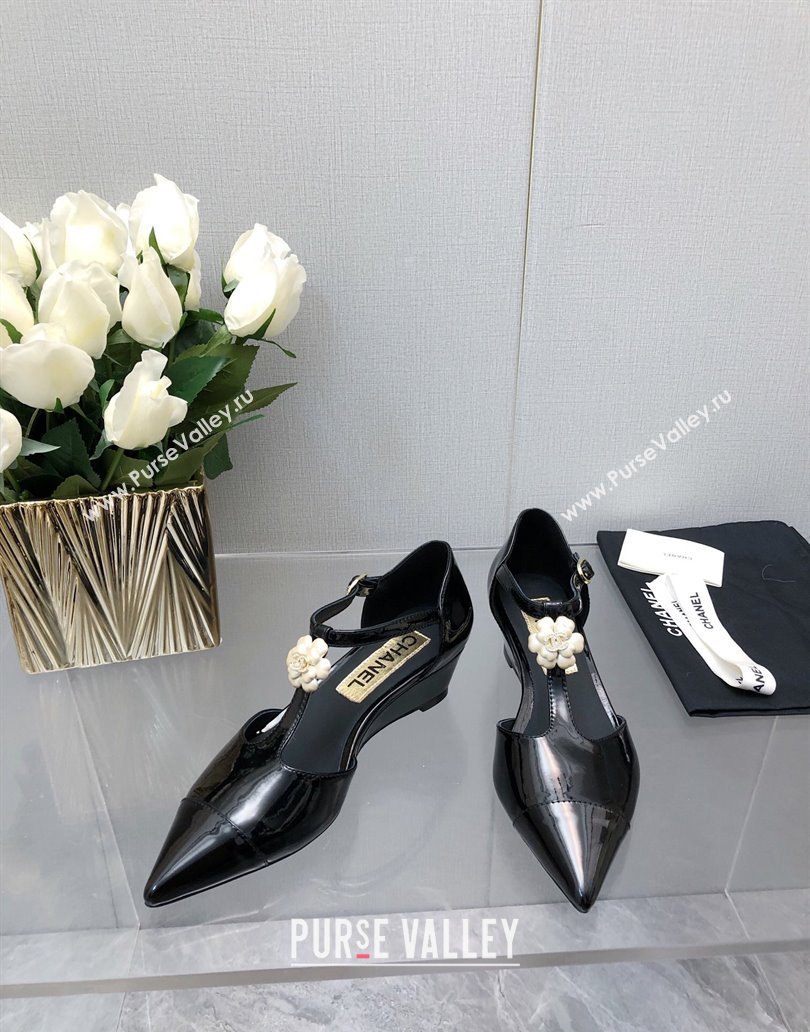 Chanel Shiny Calfskin Mary Janes Wedge Pumps with Bloom Black 2025 CH041722 (MD-250417122)