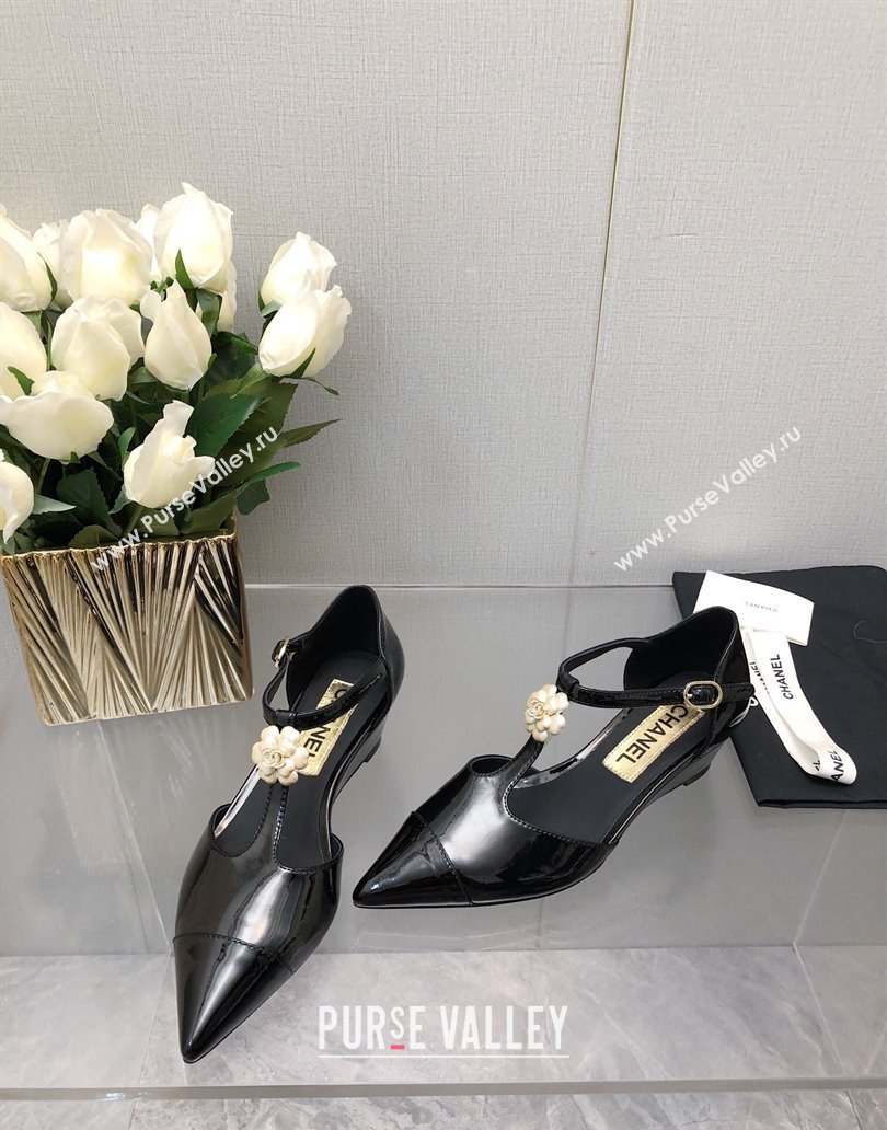 Chanel Shiny Calfskin Mary Janes Wedge Pumps with Bloom Black 2025 CH041722 (MD-250417122)