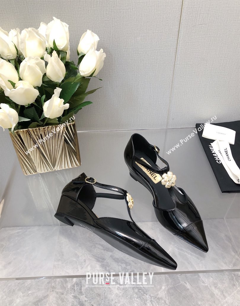 Chanel Shiny Calfskin Mary Janes Wedge Pumps with Bloom Black 2025 CH041722 (MD-250417122)