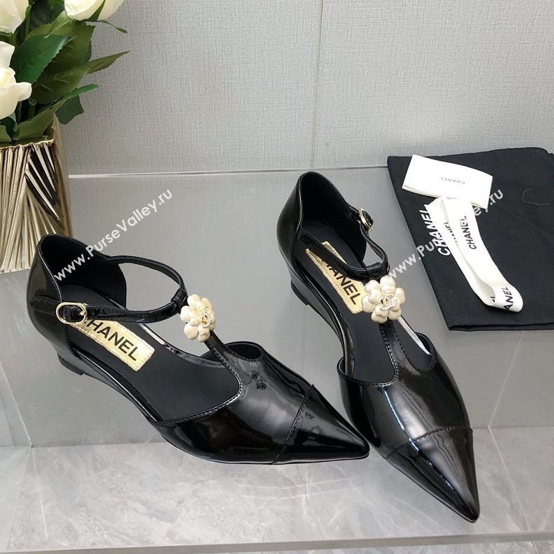 Chanel Shiny Calfskin Mary Janes Wedge Pumps with Bloom Black 2025 CH041722 (MD-250417122)