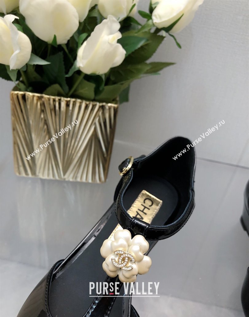 Chanel Shiny Calfskin Mary Janes Wedge Pumps with Bloom Black 2025 CH041722 (MD-250417122)