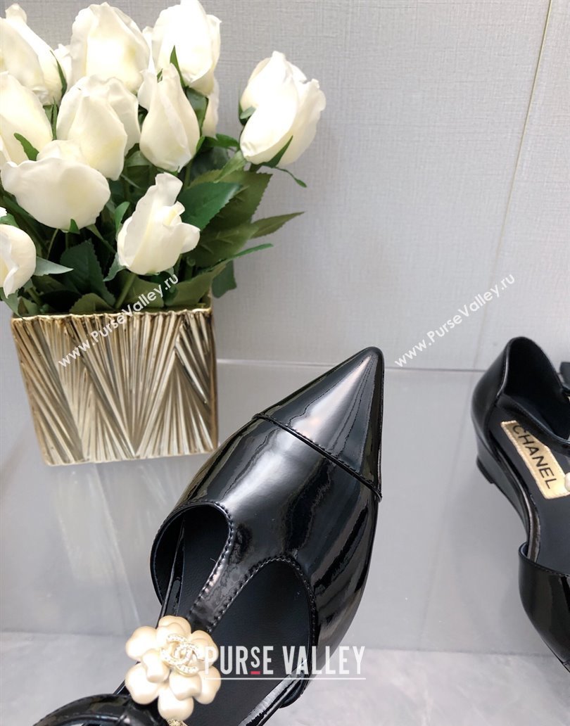 Chanel Shiny Calfskin Mary Janes Wedge Pumps with Bloom Black 2025 CH041722 (MD-250417122)