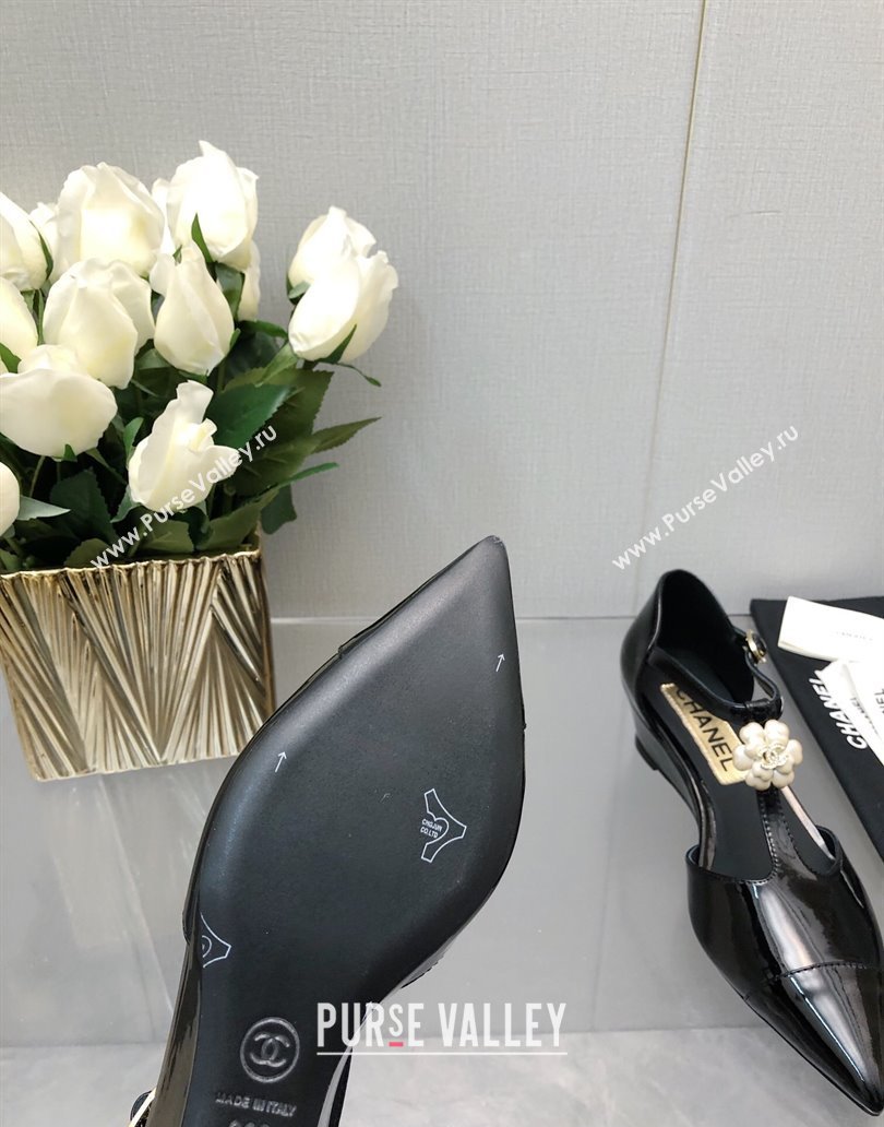 Chanel Shiny Calfskin Mary Janes Wedge Pumps with Bloom Black 2025 CH041722 (MD-250417122)