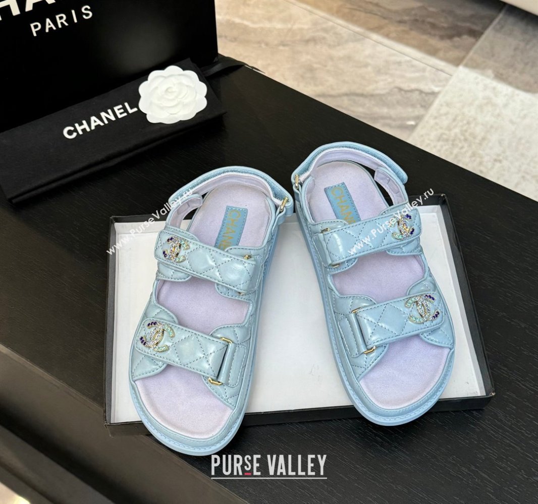 Chanel Patent Calfskin Flat Strap Sandals with Strass CC Light Blue 2025 CH041719 (MD-250417096)