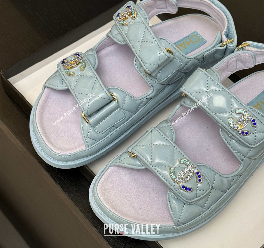 Chanel Patent Calfskin Flat Strap Sandals with Strass CC Light Blue 2025 CH041719 (MD-250417096)