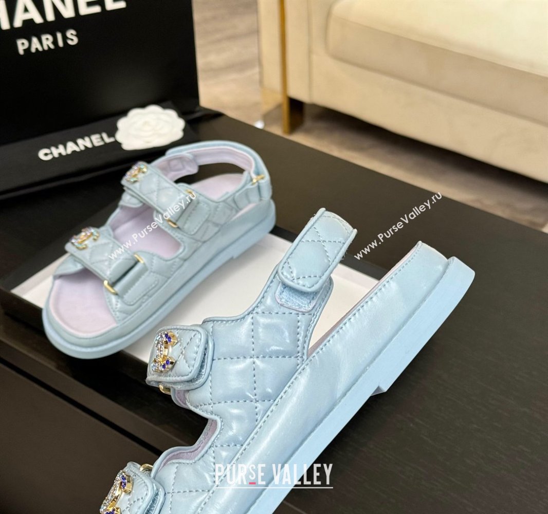 Chanel Patent Calfskin Flat Strap Sandals with Strass CC Light Blue 2025 CH041719 (MD-250417096)