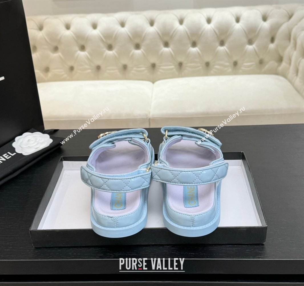 Chanel Patent Calfskin Flat Strap Sandals with Strass CC Light Blue 2025 CH041719 (MD-250417096)