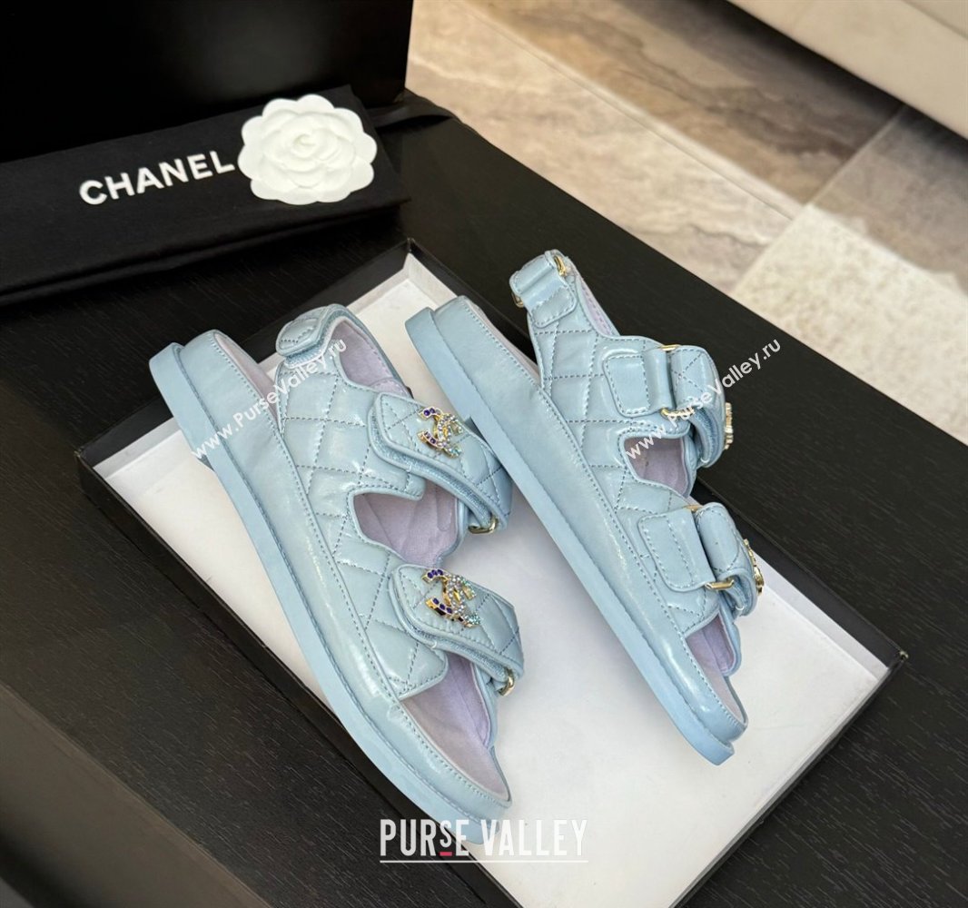 Chanel Patent Calfskin Flat Strap Sandals with Strass CC Light Blue 2025 CH041719 (MD-250417096)
