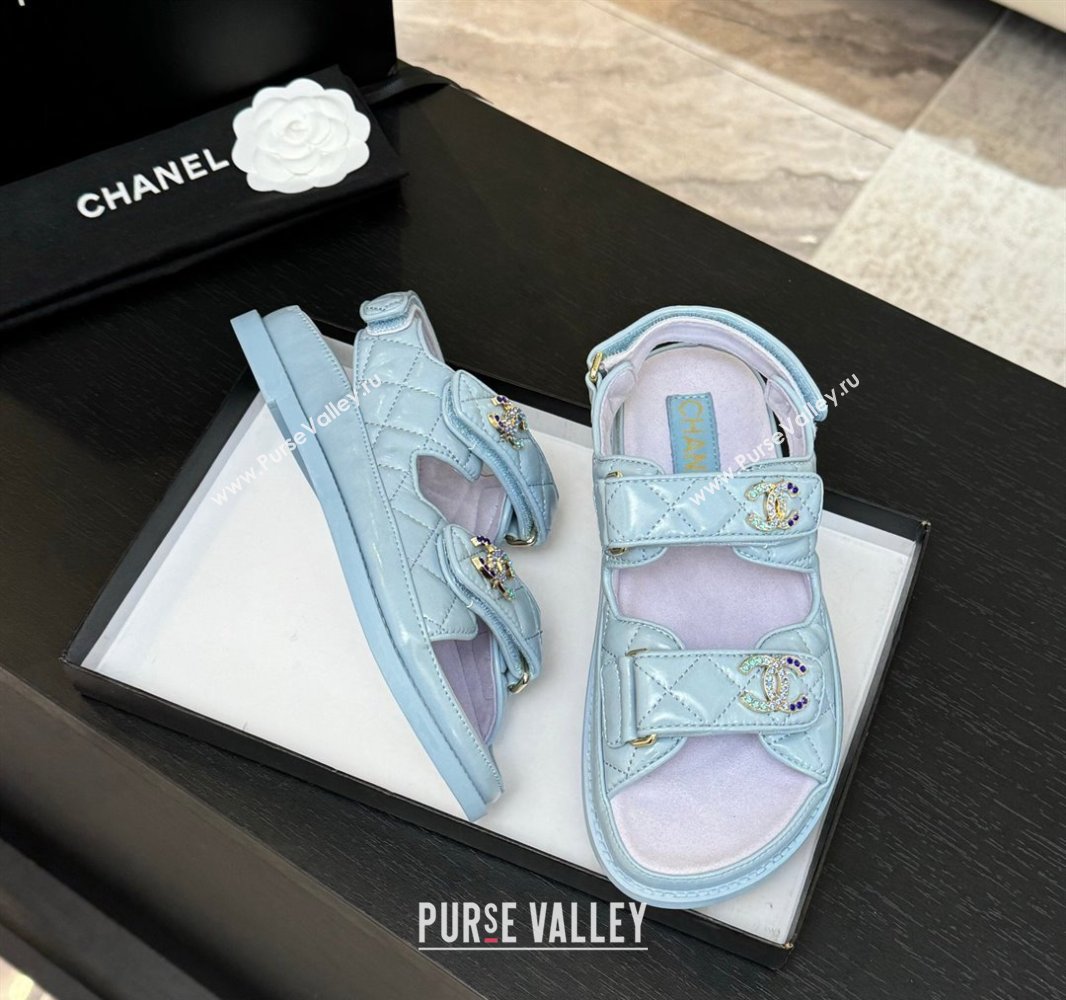 Chanel Patent Calfskin Flat Strap Sandals with Strass CC Light Blue 2025 CH041719 (MD-250417096)