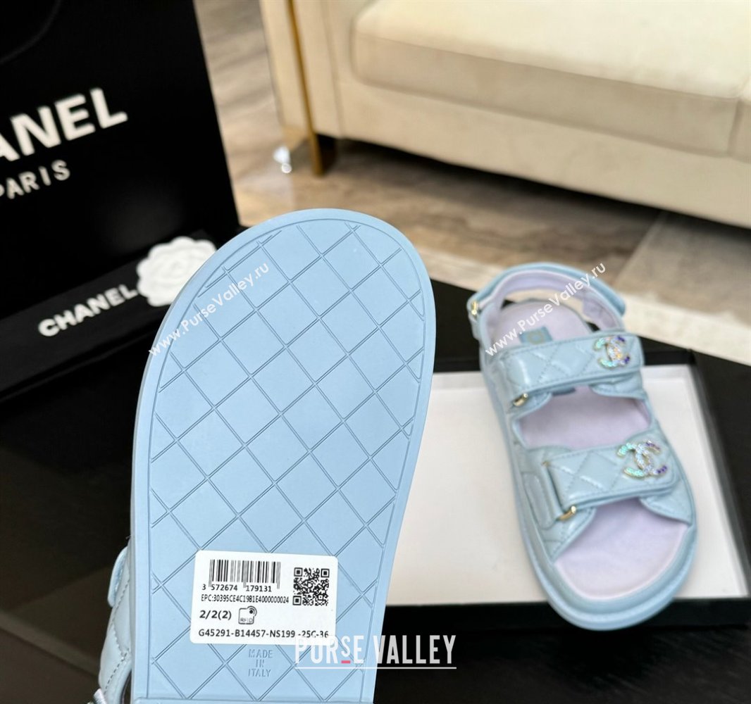 Chanel Patent Calfskin Flat Strap Sandals with Strass CC Light Blue 2025 CH041719 (MD-250417096)