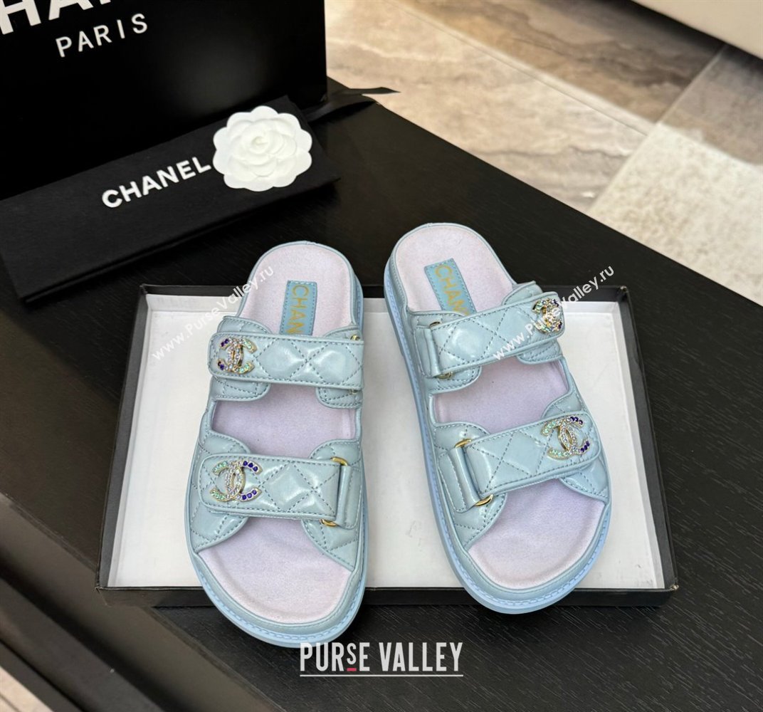 Chanel Patent Calfskin Flat Strap Slides Sandal with Strass CC Light Blue 2025 CH041719 (MD-250417098)