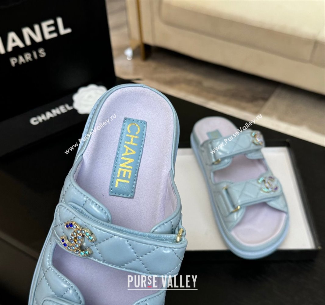 Chanel Patent Calfskin Flat Strap Slides Sandal with Strass CC Light Blue 2025 CH041719 (MD-250417098)