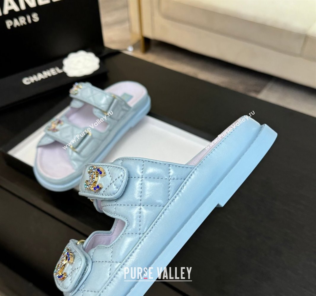 Chanel Patent Calfskin Flat Strap Slides Sandal with Strass CC Light Blue 2025 CH041719 (MD-250417098)