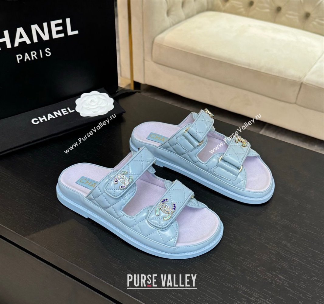 Chanel Patent Calfskin Flat Strap Slides Sandal with Strass CC Light Blue 2025 CH041719 (MD-250417098)