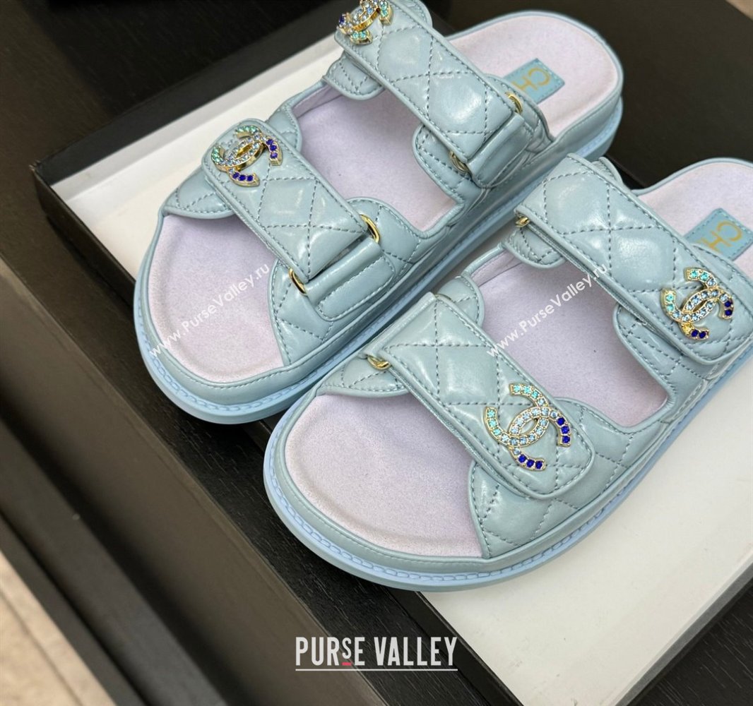 Chanel Patent Calfskin Flat Strap Slides Sandal with Strass CC Light Blue 2025 CH041719 (MD-250417098)