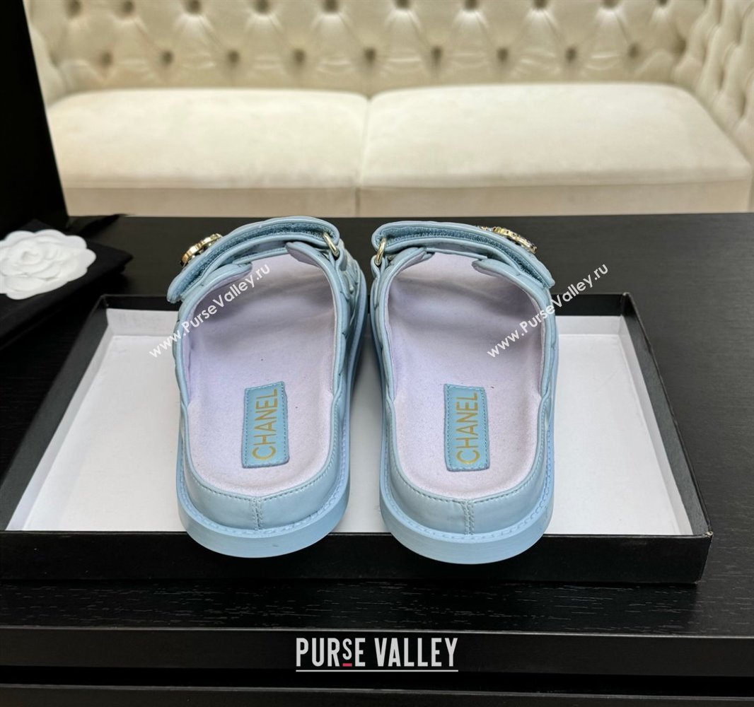 Chanel Patent Calfskin Flat Strap Slides Sandal with Strass CC Light Blue 2025 CH041719 (MD-250417098)