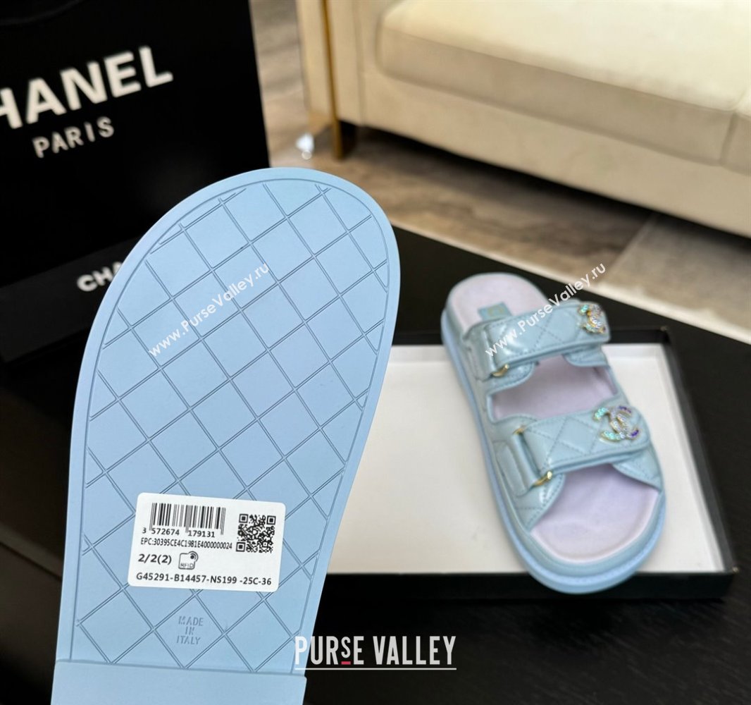 Chanel Patent Calfskin Flat Strap Slides Sandal with Strass CC Light Blue 2025 CH041719 (MD-250417098)