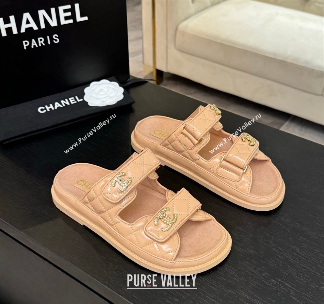 Chanel Patent Calfskin Flat Strap Slides Sandal with Strass CC Nude Pink 2025 CH041719 (MD-250417101)