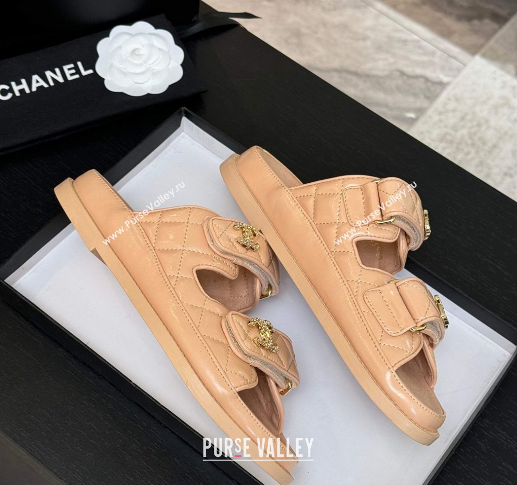 Chanel Patent Calfskin Flat Strap Slides Sandal with Strass CC Nude Pink 2025 CH041719 (MD-250417101)