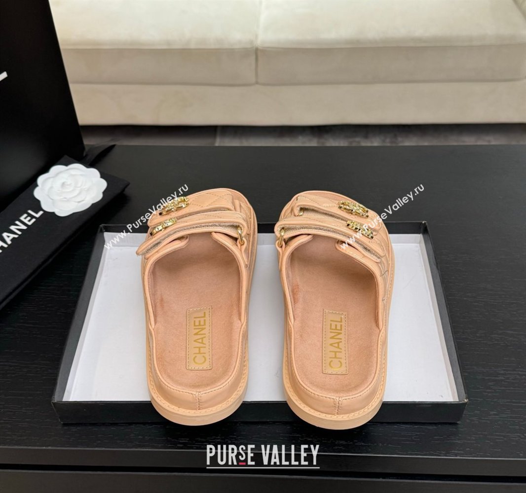Chanel Patent Calfskin Flat Strap Slides Sandal with Strass CC Nude Pink 2025 CH041719 (MD-250417101)