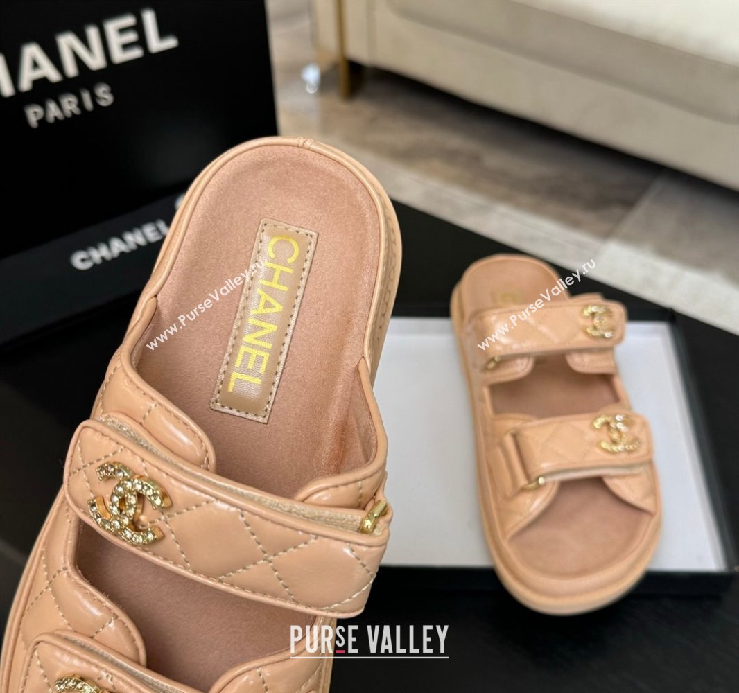 Chanel Patent Calfskin Flat Strap Slides Sandal with Strass CC Nude Pink 2025 CH041719 (MD-250417101)