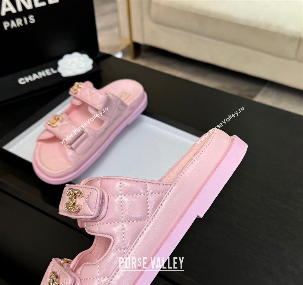 Chanel Patent Calfskin Flat Strap Slides Sandal with Strass CC Light Pink 2025 CH041719 (MD-250417102)