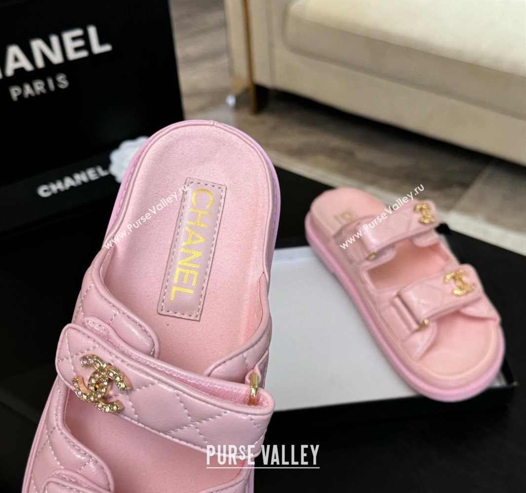 Chanel Patent Calfskin Flat Strap Slides Sandal with Strass CC Light Pink 2025 CH041719 (MD-250417102)