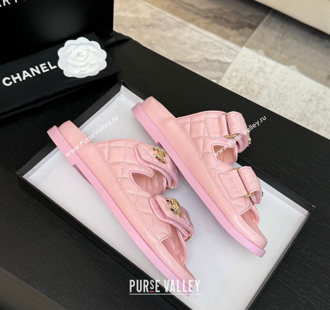 Chanel Patent Calfskin Flat Strap Slides Sandal with Strass CC Light Pink 2025 CH041719 (MD-250417102)