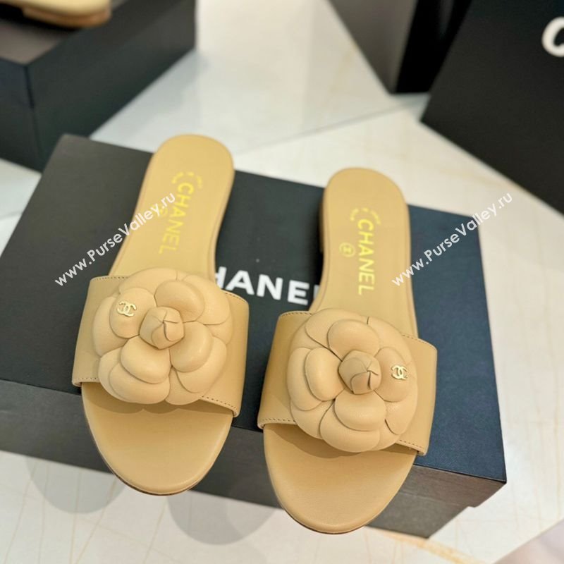 Chanel Camellia Bloom Lambskin Flat Slides Sandal G45499 Beige 2025 (MD-250417107)