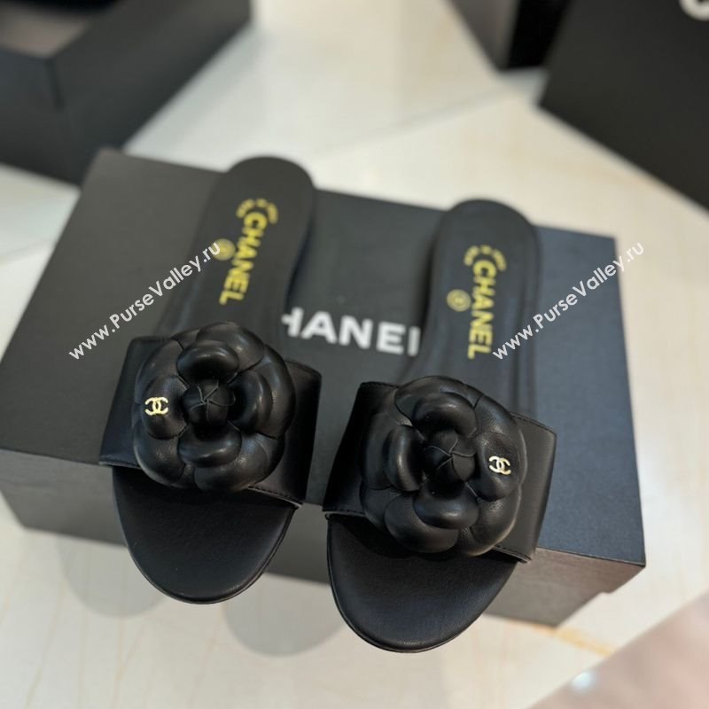 Chanel Camellia Bloom Lambskin Flat Slides Sandal G45499 Black 2025 (MD-250417109)