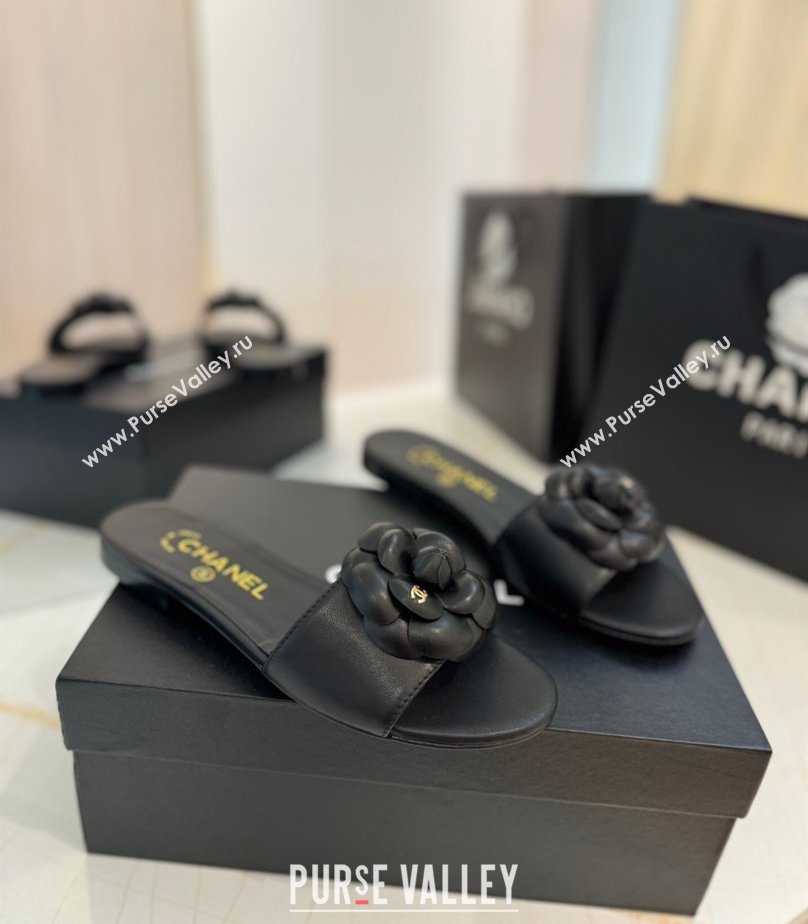 Chanel Camellia Bloom Lambskin Flat Slides Sandal G45499 Black 2025 (MD-250417109)