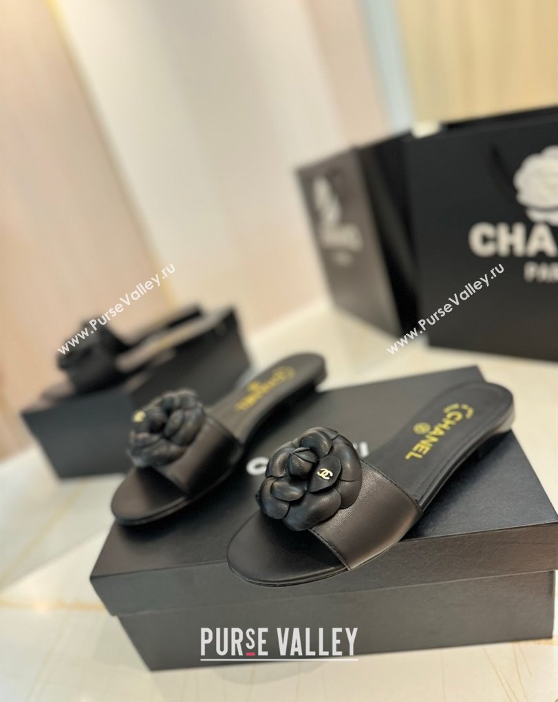 Chanel Camellia Bloom Lambskin Flat Slides Sandal G45499 Black 2025 (MD-250417109)