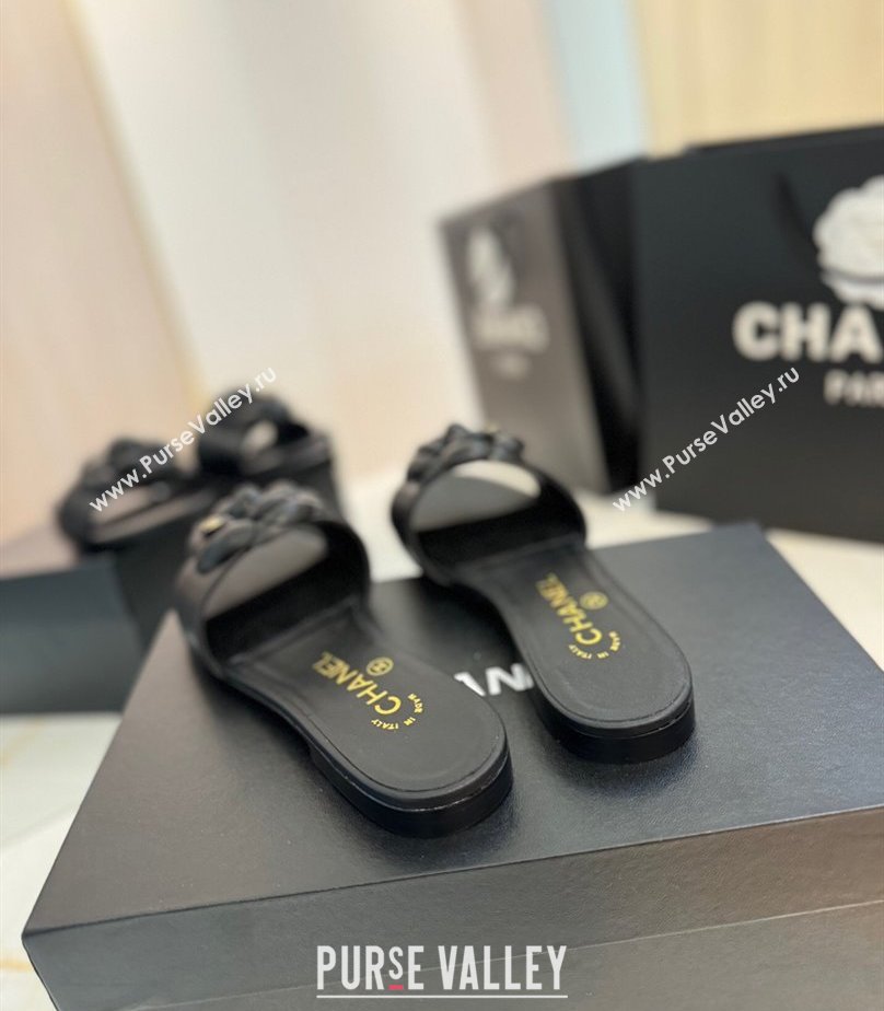 Chanel Camellia Bloom Lambskin Flat Slides Sandal G45499 Black 2025 (MD-250417109)