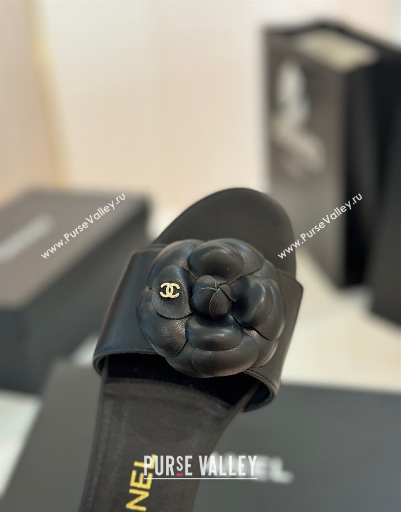 Chanel Camellia Bloom Lambskin Flat Slides Sandal G45499 Black 2025 (MD-250417109)