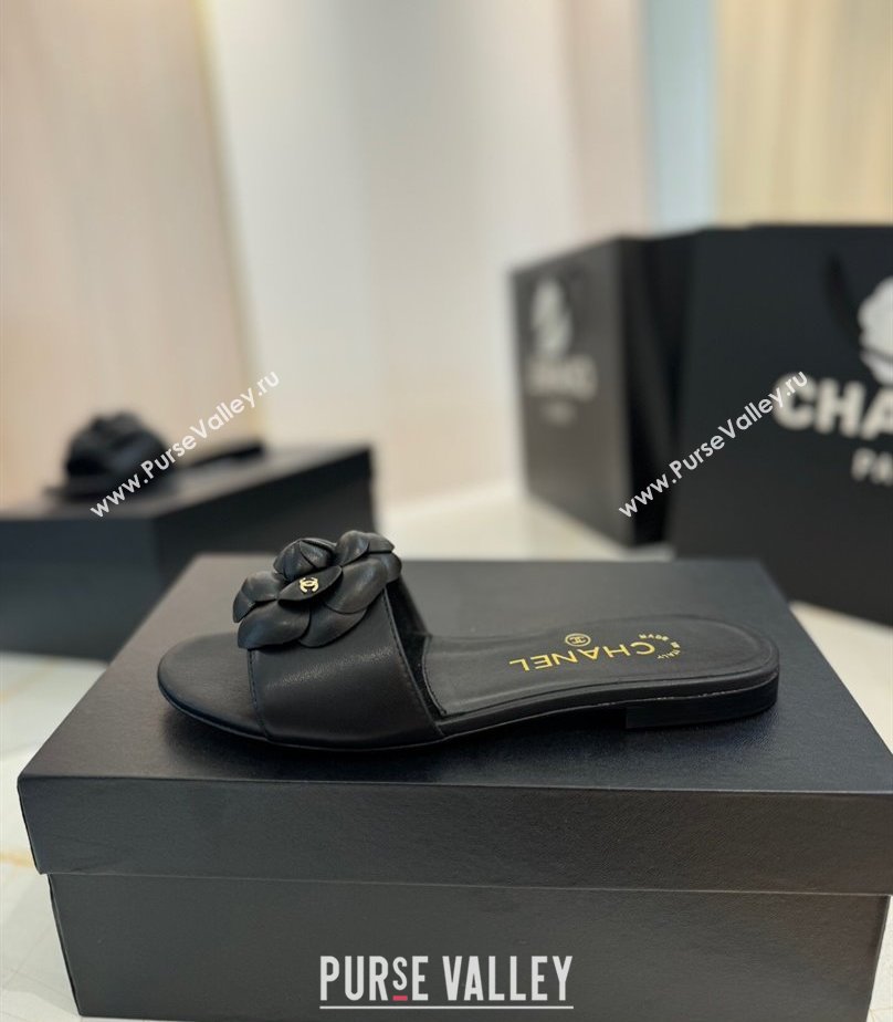 Chanel Camellia Bloom Lambskin Flat Slides Sandal G45499 Black 2025 (MD-250417109)