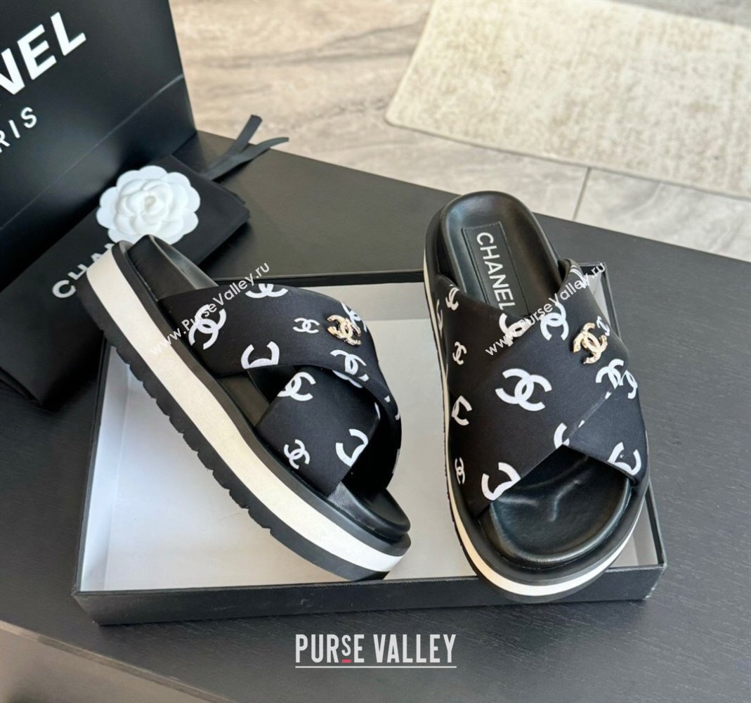 Chanel CC Printed Lambskin Platform Slides Sandal Black 2025 CH041712 (MD-250417050)