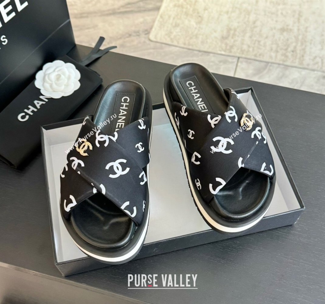 Chanel CC Printed Lambskin Platform Slides Sandal Black 2025 CH041712 (MD-250417050)