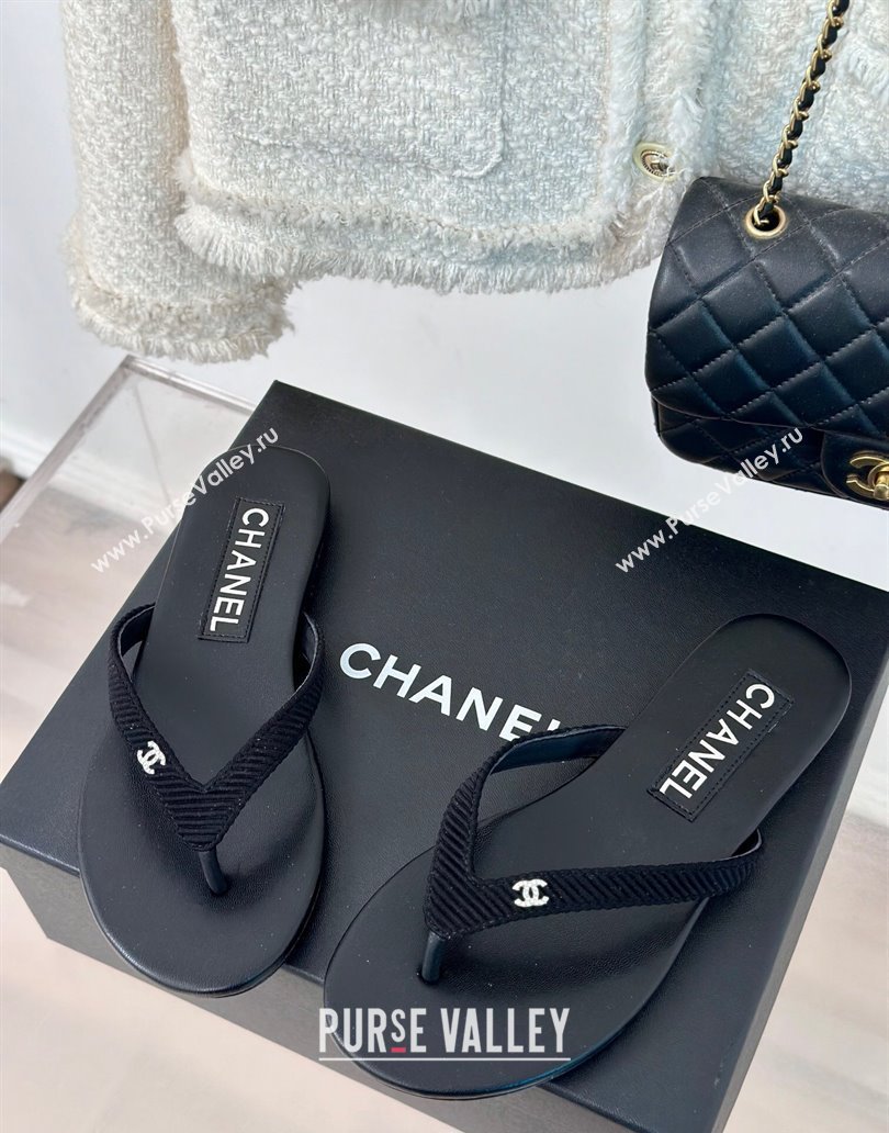 Chanel Ribbed Fabric Flat Thong Slide Sandals with Strass CC Black 2025 G45716 (MD-250417066)
