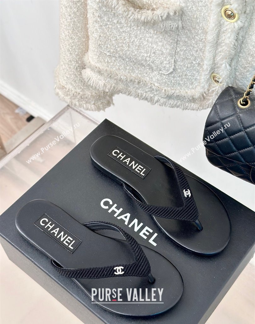 Chanel Ribbed Fabric Flat Thong Slide Sandals with Strass CC Black 2025 G45716 (MD-250417066)