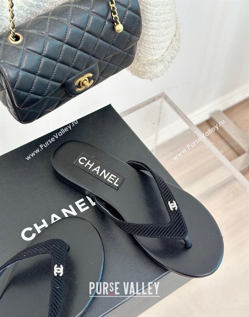 Chanel Ribbed Fabric Flat Thong Slide Sandals with Strass CC Black 2025 G45716 (MD-250417066)