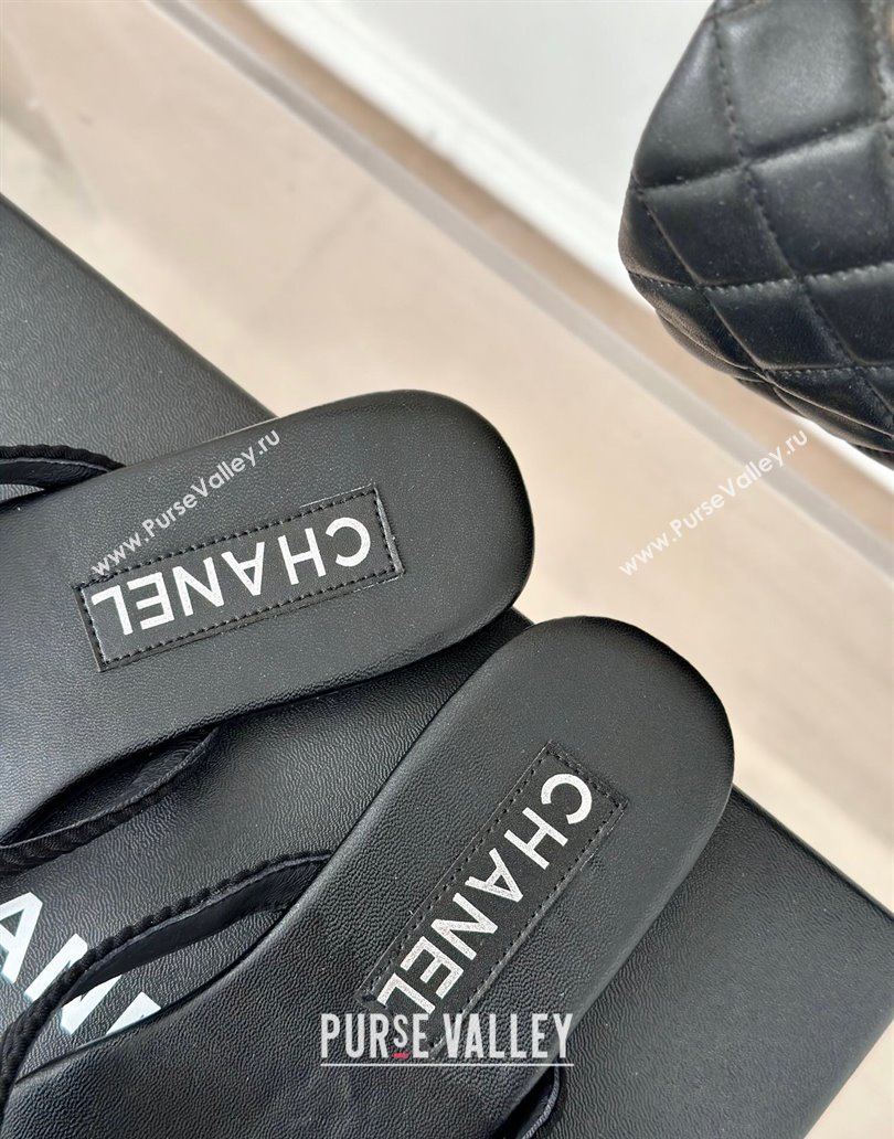 Chanel Ribbed Fabric Flat Thong Slide Sandals with Strass CC Black 2025 G45716 (MD-250417066)
